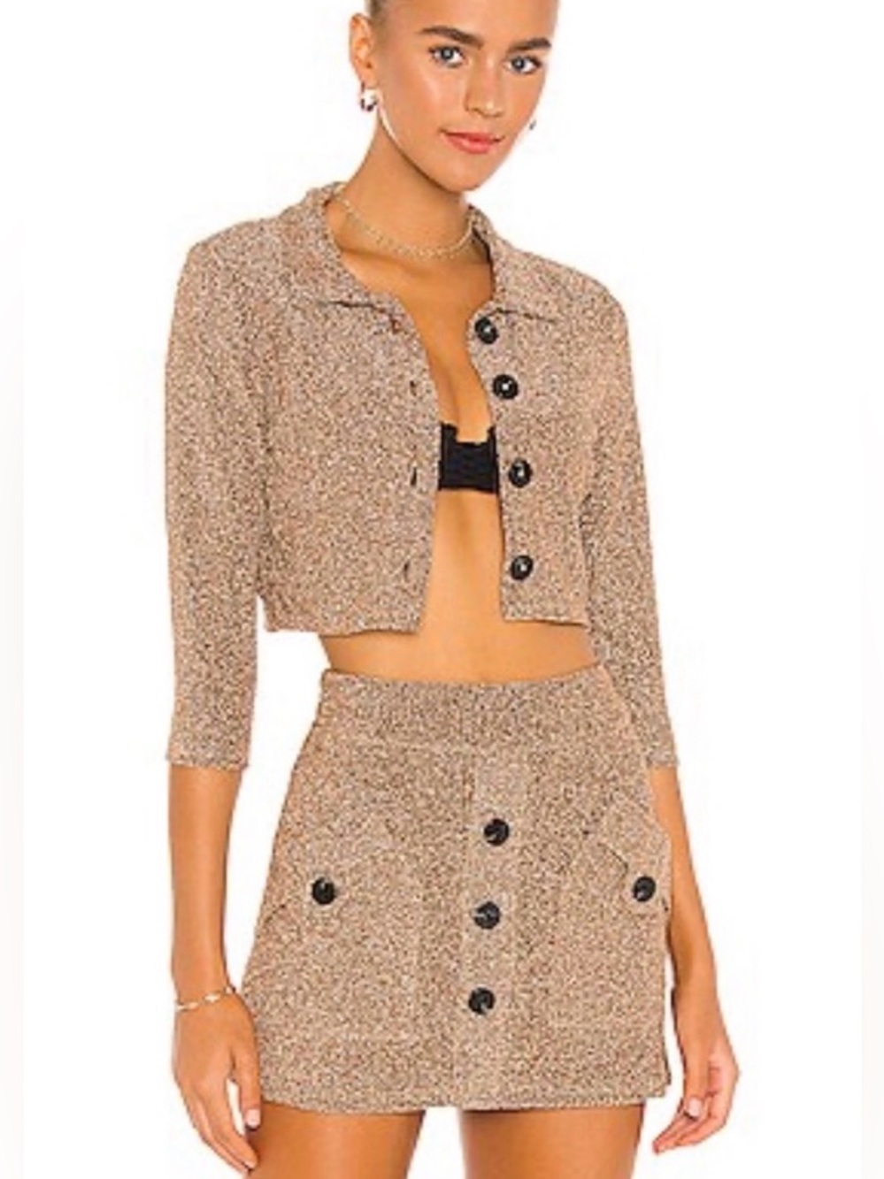 Devon’ Windsor Cropped Tweed Button-Front Jacket in Tan